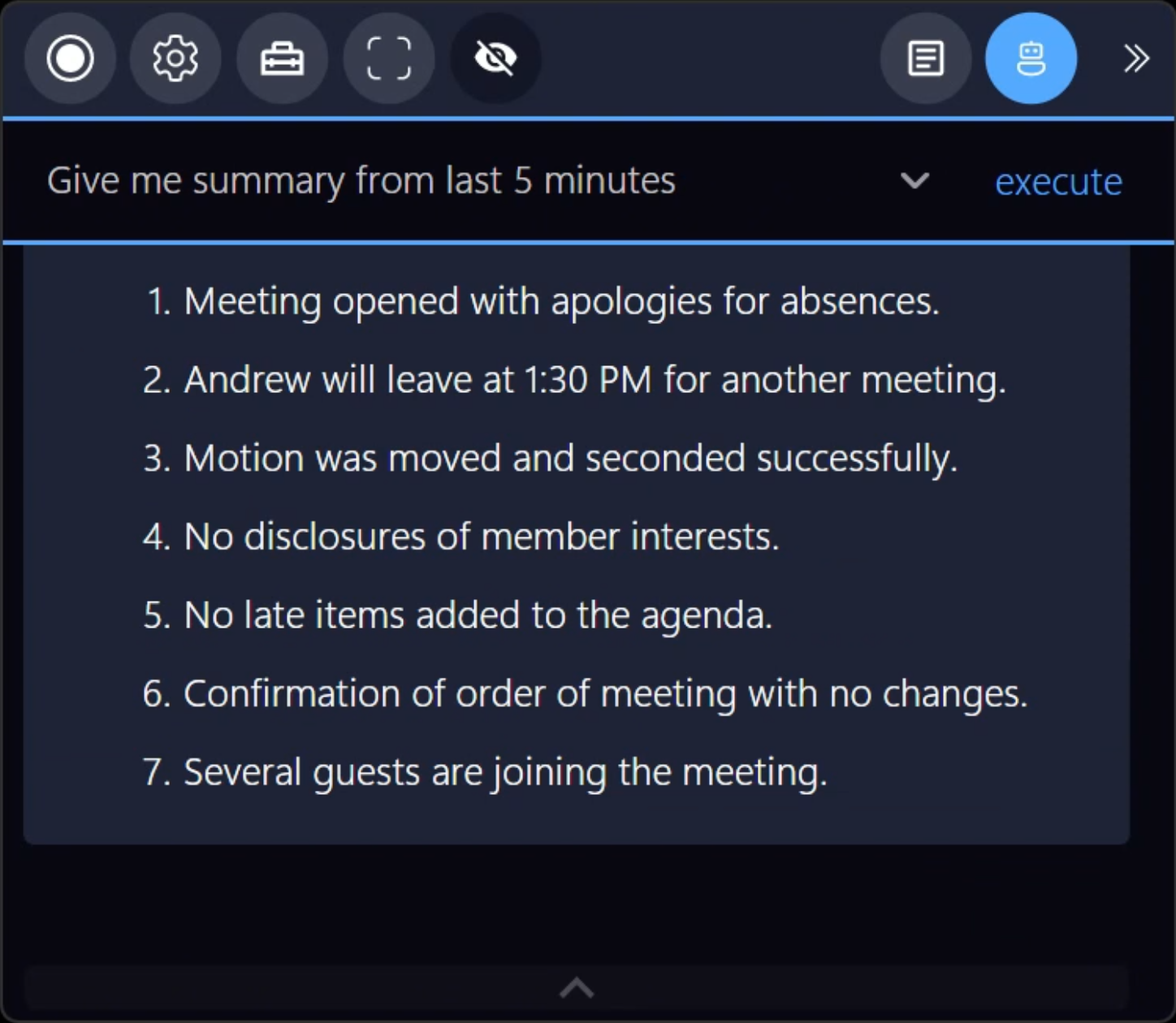 List of meeting minutes showing items such as apologies for absences, confirmation of the agenda, and guests joining the meeting.