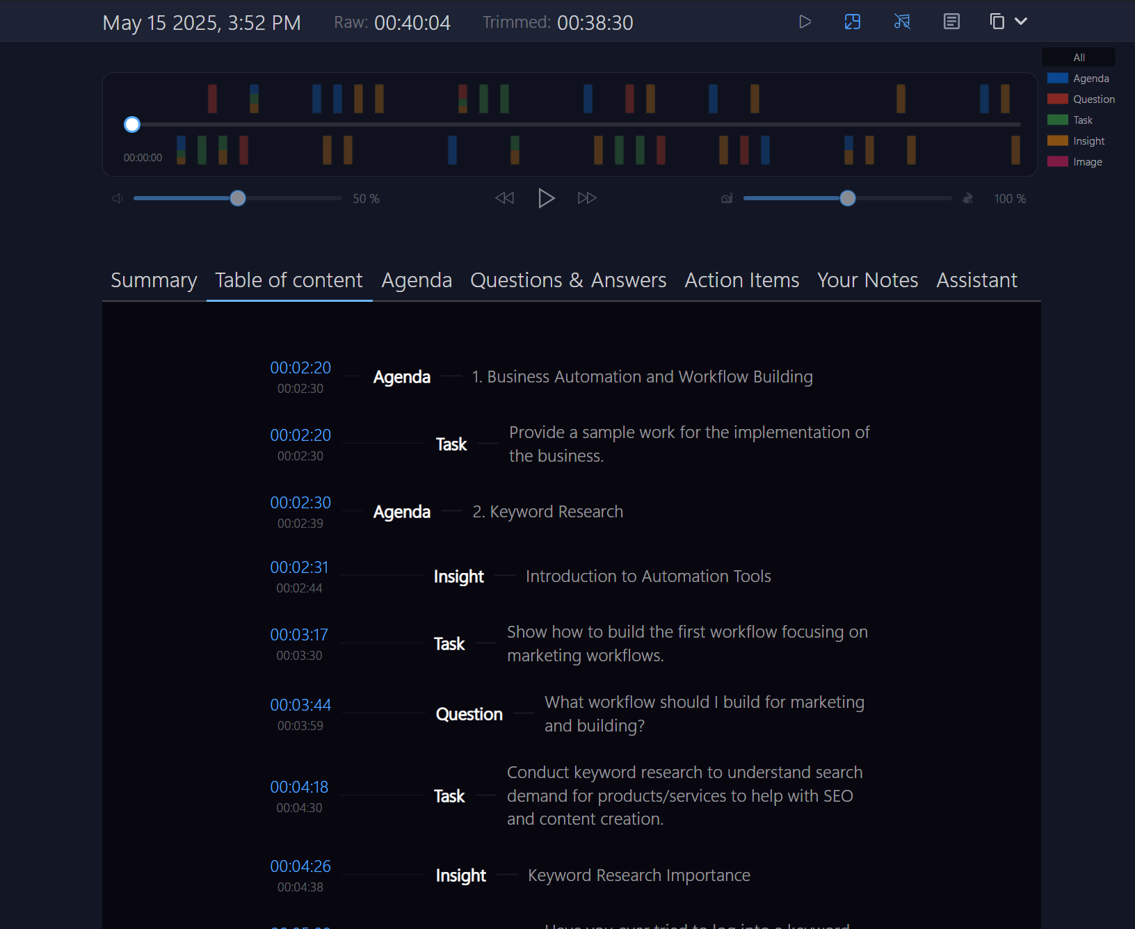 Screenshot of a meeting summary interface. The interface displays a vertical timeline with color-coded segments. Agenda items are labeled and time-stamped. Some segments include descriptions such as 'Medical Claim Estimation' and 'Review of Renewal History'. Key elements displayed are: a timeline, agenda labels, and meeting descriptions.
