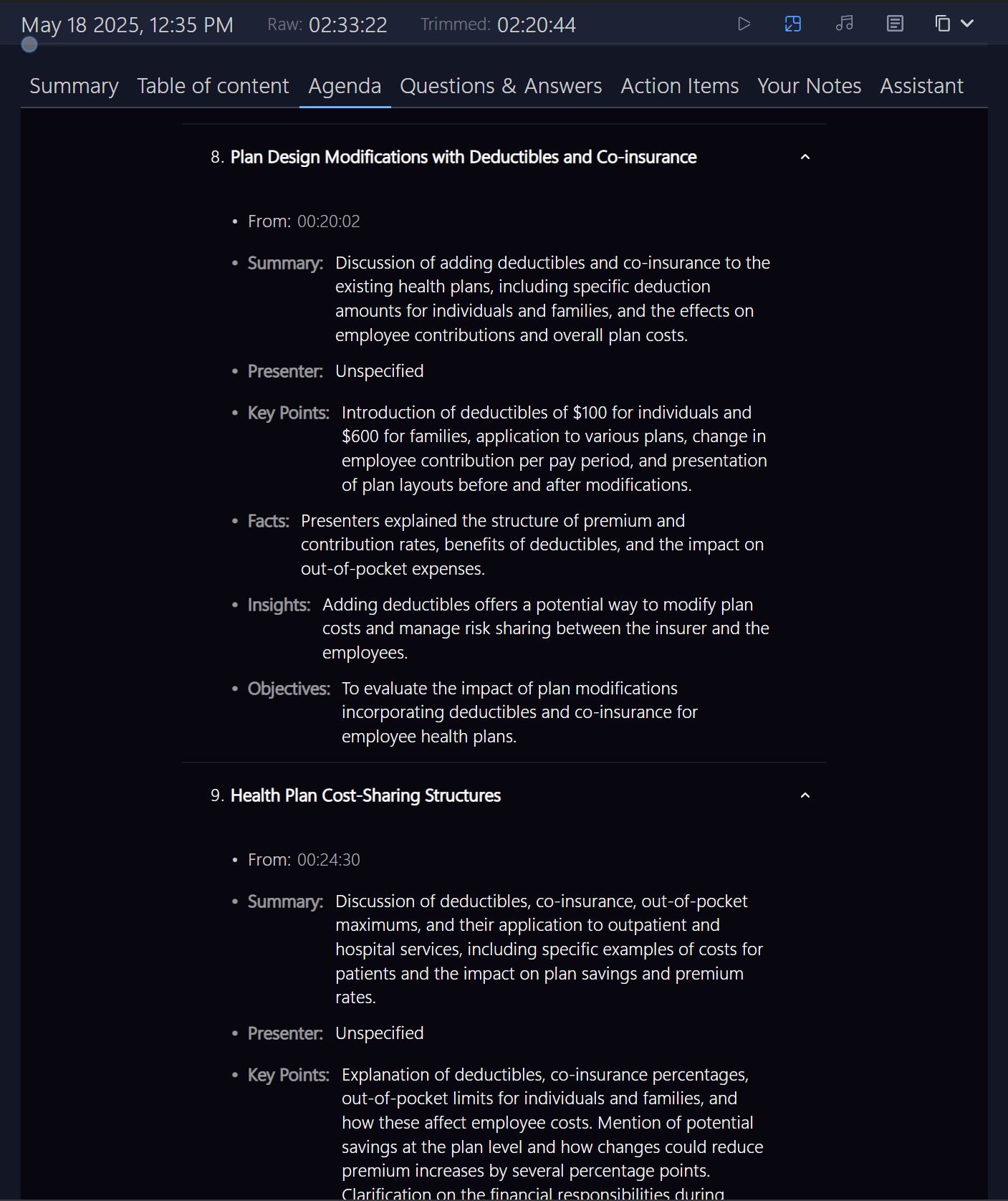 Screenshot of a meeting summary interface displaying bullet points outlining key information. The first section, Consulting Presentation Overview, details a review of medical and dental programs and a projected 9.4% increase in overall costs. The second section, Funding Allocations for Employee Benefits, discusses current funding levels and highlights that employees pay 100% of premiums for certain voluntary programs.