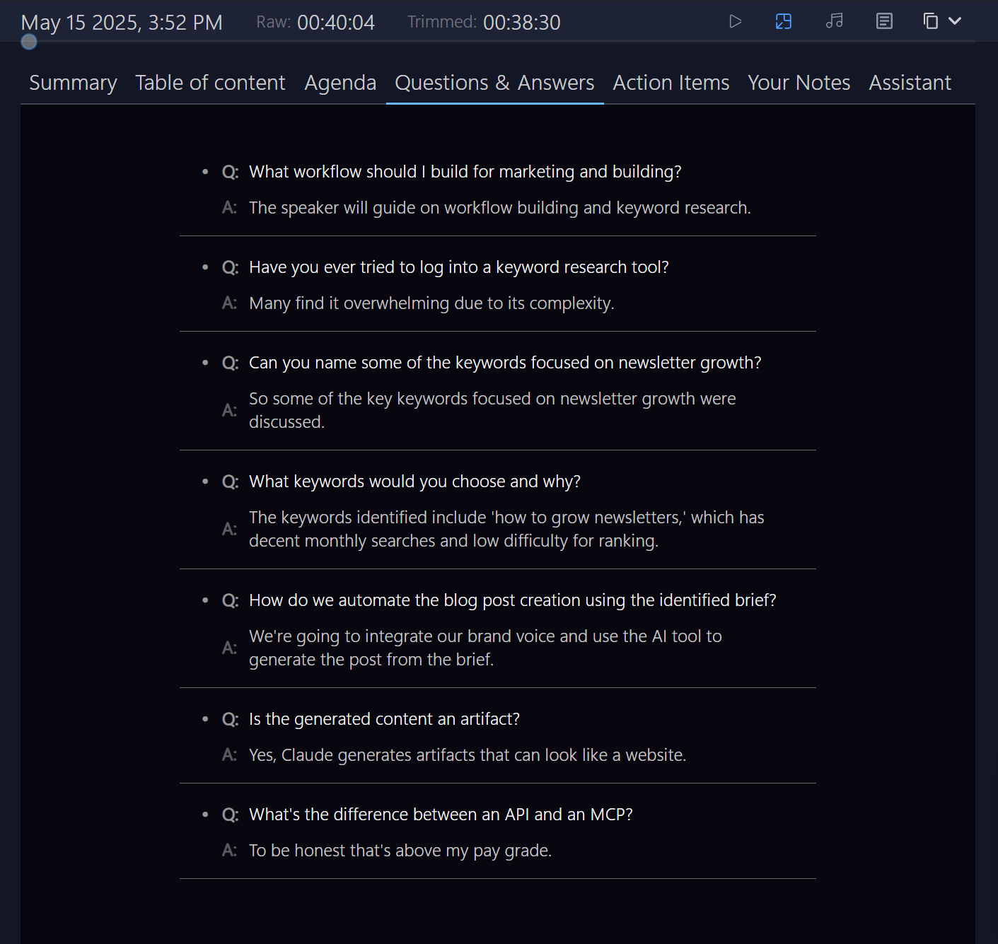 Screenshot showing a list of questions and answers from a meeting or presentation. The questions cover topics like future plans, cost savings, patient care, program usage, and business operations. The questions are numbered, and the answers are brief and provide concise information.